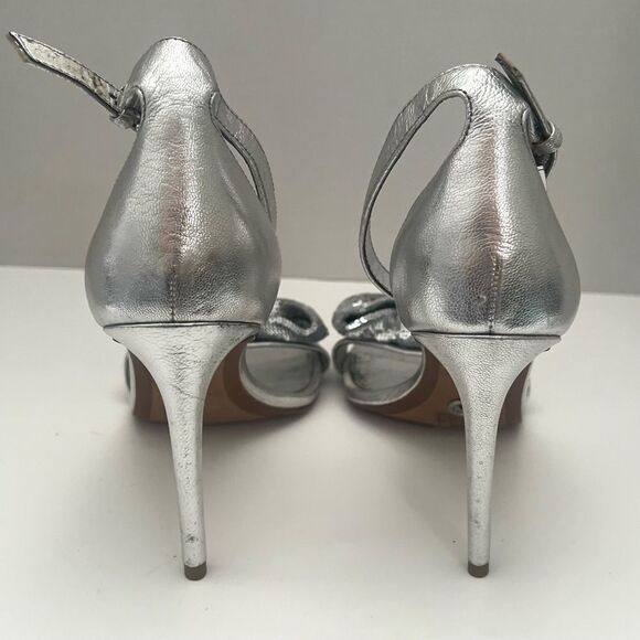 Michael Kors Paris Leather Stiletto Heels Womens 7‎ Silver Metallic Bow Designer - Picture 7 of 13